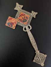 Vintage Ethiopian Orthodox Processional Handheld Painted Icon Blessing Cross  picture