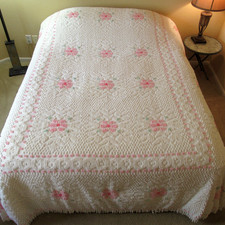 Vintage JC Penney Chenille Bedspread 93x102” Floral Pink White Green Fringe F/Q picture