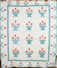 WELL QUILTED Vintage 30s Tulip Basket Floral Applique Antique Quilt ~Nice Border picture