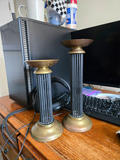 Vintage Art Deco / MCM Brass Spike Candle Holders, Fluted Column, Graduated Pair picture