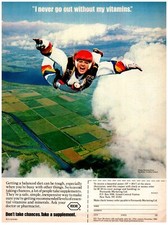 1983 Roche Print Ad, Gulshin Gilbert Skydiver I Never Go Out Without My Vitamins picture