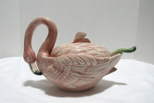 RARE, Fitz & Floyd 1986 Tropical Pink Flamingo Porcelain Tureen Sauceboat Ladle picture