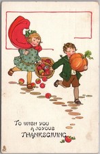 Vintage 1913 Tuck's THANKSGIVING Postcard Boy & Girl /Basket of Apples & Pumpkin picture