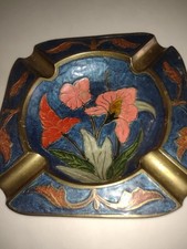 Rare Vintage Beautiful Messing Ashtray Flower Enameled Pattern And  Brass  picture