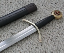 37” Knights Templar Sword Brass Ornate Leather Sheath Full Tang Double Edge picture
