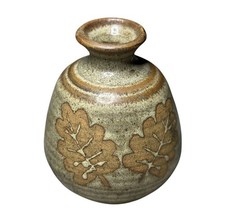 Vintage Signed Handcrafted Ceramic Oak Leaf Mini Vase 3.75 Inch X 4.5 Inch picture