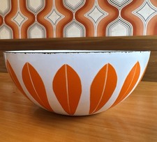 Vintage Cathrineholm 8” White Orange Enamel Lotus Bowl MCM Cathrine Holm Norway picture