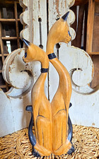 Vintage Hand Carved Wood Siamese Cat Couple Figurine Sculpture Blue Eyes 12