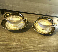 Queen's Monarch Bone China Tea Cup & Saucer Set Floral Black Gold, 2-Piece picture