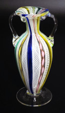 Vintage Murano Latticino Zanfirico Glass Vase Twin Handled Rainbow Ribbon 5