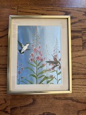 Vintage 2 Hummingbirds Floral Foil Art Framed Picture 11x9 DAF Etched Metal picture