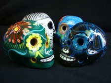 Lot of 4 Day of the Dead Sugar Skulls made of clay and hand painted picture