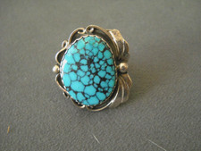SIGNED Native American Navajo Blue Spiderweb Turquoise Sterling Silver Ring 8.5 picture