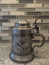 Artina SKS Zinn 95% Pewter Beer Stein Deer Wildlife Hunter German Lidded Tankard picture