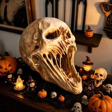 Halloween Giant Alien Fanged Skull Resin Statue, Creepy Open Mouth Horror Skull picture