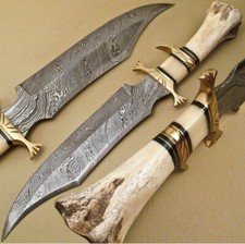 BEAUTIFUL CUSTOM HAND MADE DAMASCUS STEEL HUNTING BOWIE KNIFE HANDLE CAMEL BONE picture