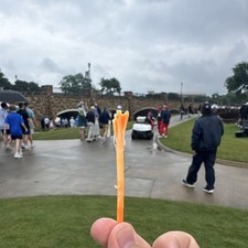 Wyndham Clark Orange Plastic tee used 2026 Byron Nelson Thursday  picture