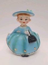 Vintage 50s60s Kitsch Lady In Hat Figurine Ceramic Planter Blue Dress picture