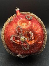 Rare Vintage Jumbo Red Mercury Glass Christmas Ornament Wire Mesh & Bead Accents picture
