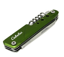 Cabela's Multi Tool Pocket Knife Green Aluminum Corkscrew Bottle Opener Camping picture