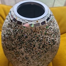 Vntg Vase Mcm Mirrored Mosaic Broken Glass Hollywood regency 16” Green Amber Big picture