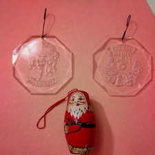 3 Vintage Christmas Ornaments 2- Acrylic Life Saver & 1- Wood Santa Container  picture