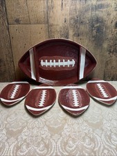 Football Snack Platter and (4) plates. Ceramic. 2004 Boston Warehouse Trading Co picture