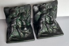 2 Ea pr -  Antique Black & Verdigris Art Nouveau Metal Nude Cherub  Bookends picture