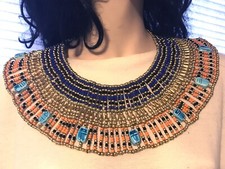 Halloween Costume LUCK Scarabs Blue Orange Beaded Cleopatra Beads Necklace picture