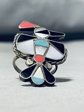 IMPRESSIVE VINTAGE ZUNI TURQUOISE STERLING SILVER THUNDERBIRD RING picture