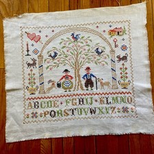 Vintage Primitive Sampler Completed Cross Stitch Handmade Farmhouse Cottagecore picture