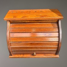 Vintage Wooden Roll Top Bread Box Oak Tambour Kitchen Counter Storage picture