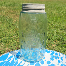 Antique Keystone Mason Jar Light Blue Glass Patent Nov 30th 1858 w/ Zinc Lid picture