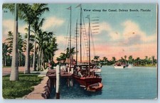 c1951 Delray Beach Florida FL Vintage Postcard View Canal Sail Boat Trees Posted picture