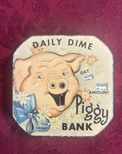 Vintage Daily Dime Bank Tin Litho 1950’s Piggy w/ Flowers Bank Kalon Mfg picture