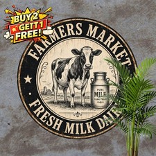 Farmers Market Fresh Milk Dairy Cow Badge Metal Tin Sign Kitchen Decor picture