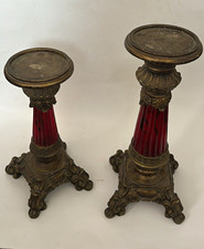 Vintage Pair Ornate Red Gold Pedestal Candle Holders Baroque Style Decor picture