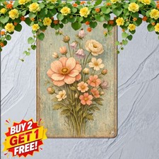 Pink Yellow Wildflowers Weathered Blue Floral Bouquet Vintage Metal Tin Plaque picture