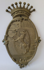 Antique Solid Brass Coat of Arms Crest Shield with Crown Lion & Flags 10 ¾” tall picture