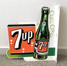 VINTAGE LARGE 7UP DOUBLE SIDED FLANGE SODA POP 7 UP PORCELAIN GAS OIL AD SIGN picture