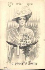 Vintage PC A/s Easter Beautiful Woman Church Hymnal Cross Crucifix picture