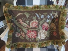 French Aubusson style Exotic Bird w Butterfly on Brown Needlepoint Pillow NWOT picture