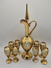 Vintage Italian Venetian Gilt Glass Liquor Decanter Set Enamel Cordial Glasses picture