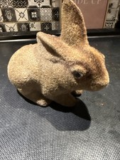 Vintage Flocked Bunny Rabbit Coin Piggy Bank with Original Stopper, Fuzzy Brown picture