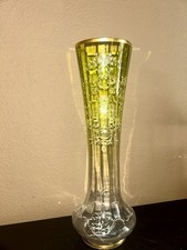 vintage Bohemian enameled glass trumpet vase in a vibrant chartreuse green hue picture