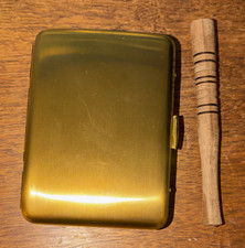 Gold Tone Hinged Metal Cigarette/Tobacco Case w/ Wood Cigarette Holder picture