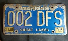 Vtge 1998 Michigan Lic. Plate Tag(1) 002-DFS. Rustic, Naturally Corroded. Photos picture