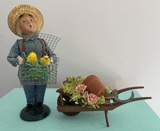 Byers Choice Carolers Farmer with Chickens + Puppy Dog in Garden Wheelbarrow EUC picture