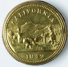 Rare - 1849 California Token Pillbox, Brass. Large Sailing Ship & 3 Gold Miners. picture