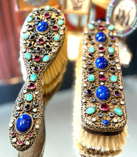 European 1920s Ornate Filagree Vanity Hair & Valet Brush w/ Real Jewels NICE picture